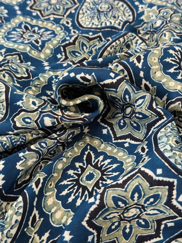 Ajrakh hand block printed modal silk saree | Dark Blue | Ships from California